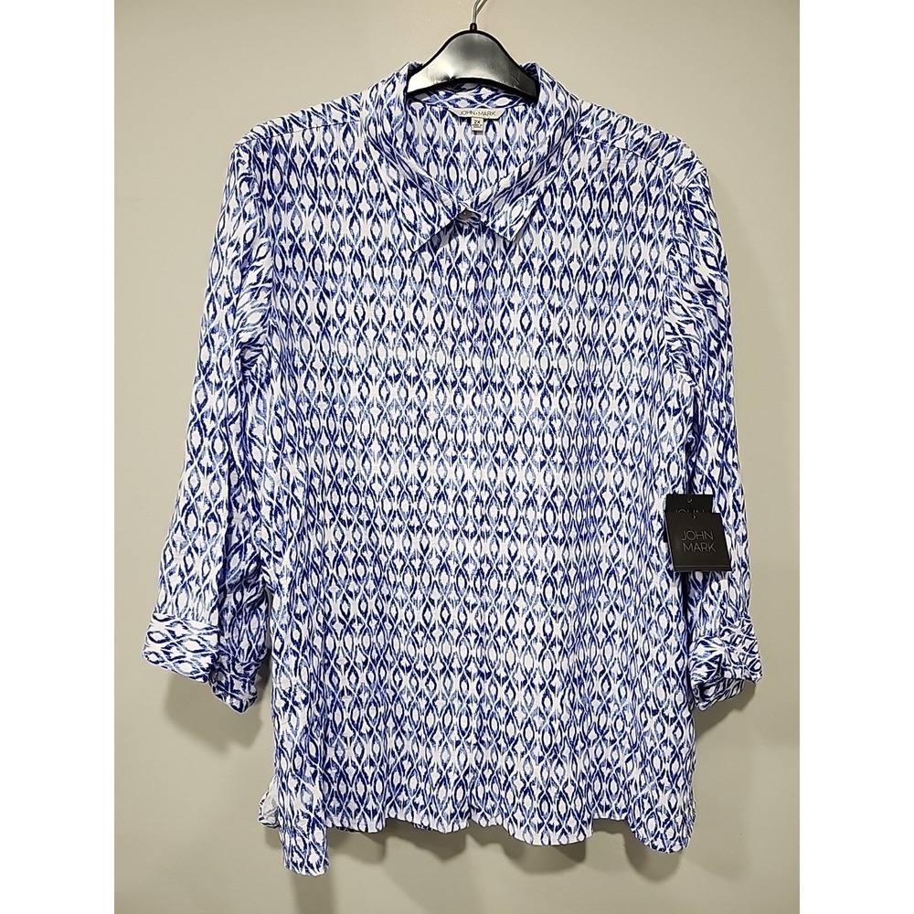 John Mark NWT‎ Blouse Womens 2X Button-up Long Sleeve Blue/White Geometric Artsy